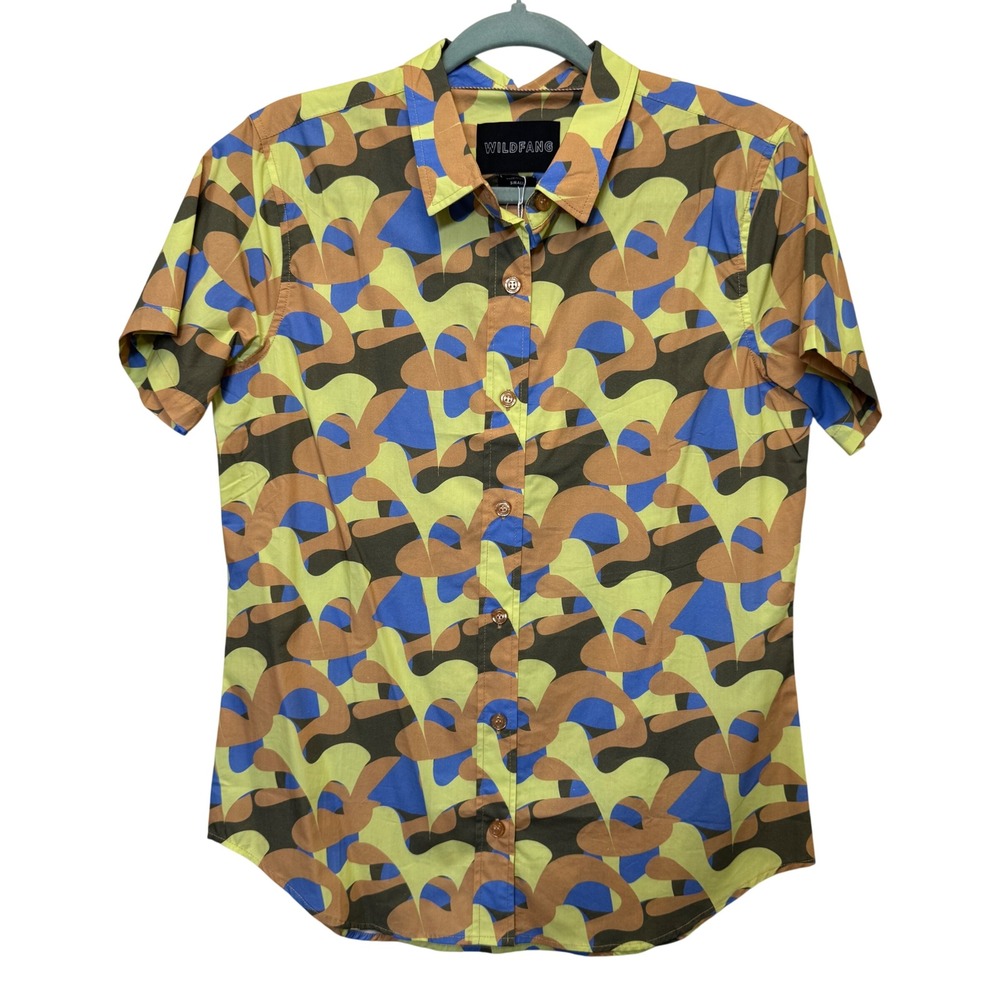 Wildfang The Essential Short Sleeve Button Up Shirt S Teal Mauve Abstract Artsy